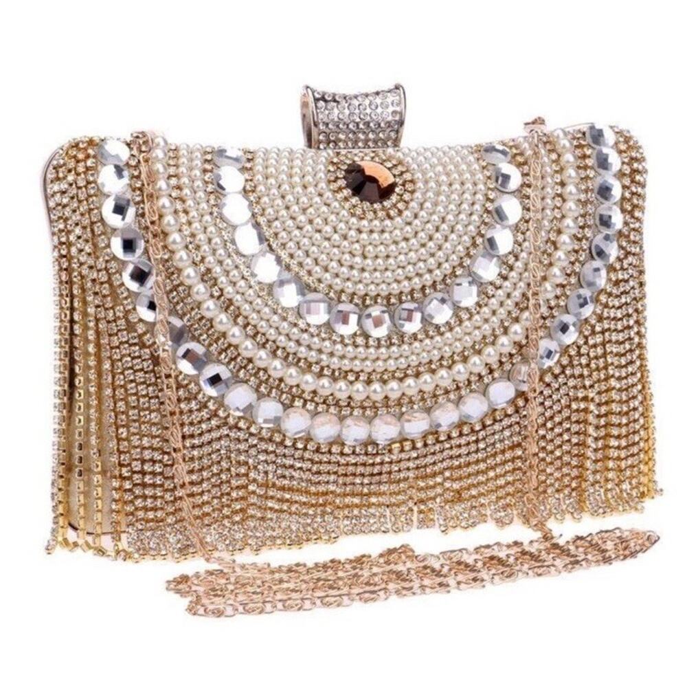 Bling Rhinestone Handbag Tassel Pearl Clutch Evening Bag Goldtone Formal Crystal
